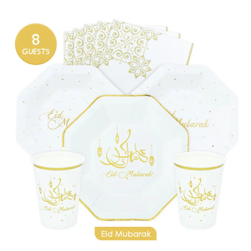 Eid Mubarak Disposable Tableware Paper Plate Paper Cup Paper Towel Muslim Festival Ramadan Table Atmosphere Decoration Supplies