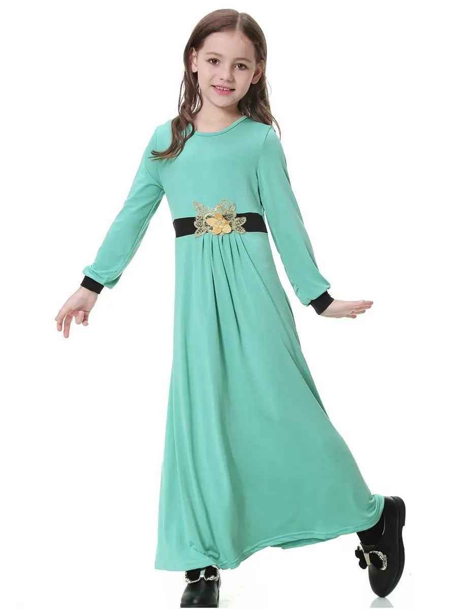 Girls Muslim Abaya Kids Long Sleeve Maxi Dress Turkey Arab Kaftan Islamic Party Holiday Gown Prayer Kaftan Robe Child Clorhing