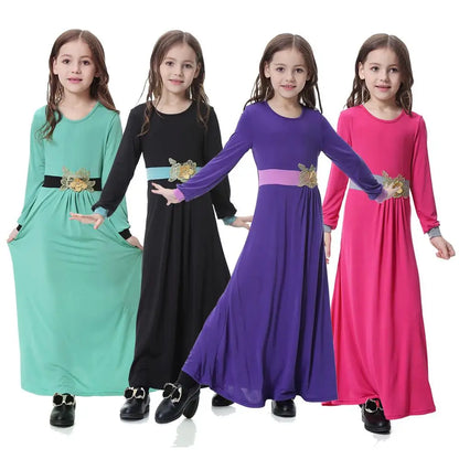 Girls Muslim Abaya Kids Long Sleeve Maxi Dress Turkey Arab Kaftan Islamic Party Holiday Gown Prayer Kaftan Robe Child Clorhing