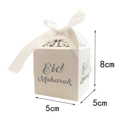 10Pcs Eid Mubarak Candy Box Ramadan Kareem Chocolate Favor Gift Box With Ribbon Islamic Muslim Happy Al-Fitr Eid Party Supplies