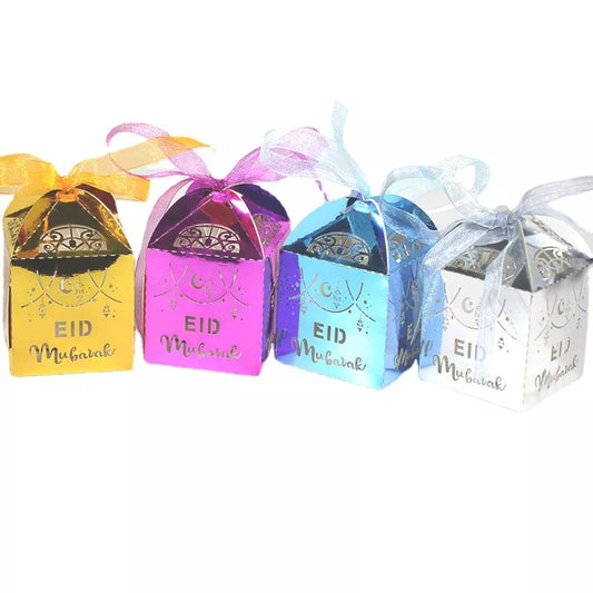 10Pcs Eid Mubarak Candy Box Ramadan Kareem Chocolate Favor Gift Box With Ribbon Islamic Muslim Happy Al-Fitr Eid Party Supplies