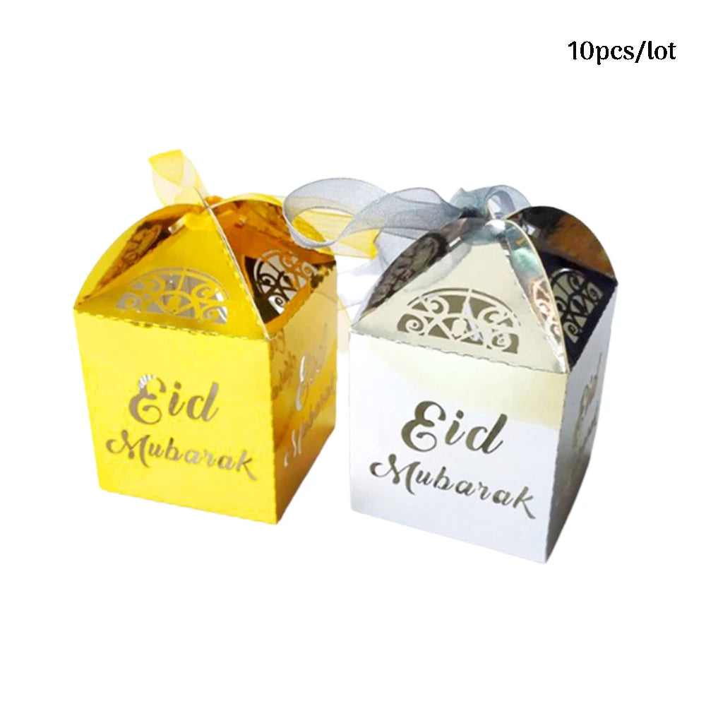 10Pcs Eid Mubarak Candy Box Ramadan Kareem Chocolate Favor Gift Box With Ribbon Islamic Muslim Happy Al-Fitr Eid Party Supplies