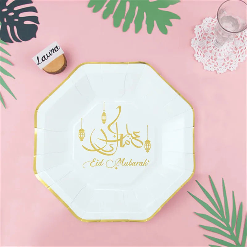 Eid Mubarak Disposable Tableware Paper Plate Paper Cup Paper Towel Muslim Festival Ramadan Table Atmosphere Decoration Supplies