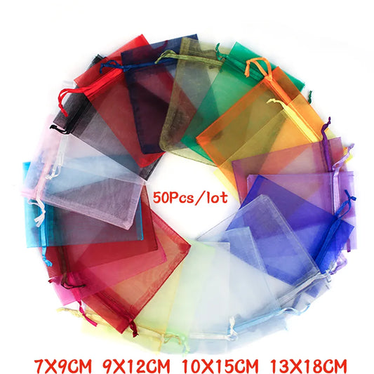 50Pcs 21 Color 7X9 9X12 10X15 13X18cm Organza Bags Gift Bag Drawable Jewelry Packing  Pouches