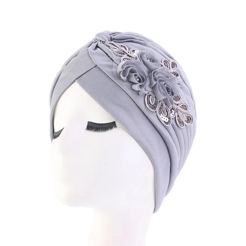 New Flower Decoration Turban Solid Color For Women Fashion Hair Wear Head Wrap Ladies Headwear Cancer Hats India Cap Bandana