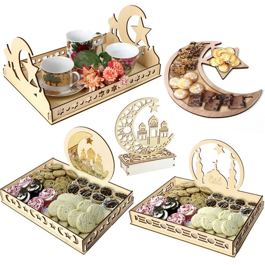 Wooden Eid Mubarak Decoration for Home Islamic Ramadan Kareem Muslim Party Decor Eid Food Tray Ramadan Mubarak Gifts Eid Al Adha