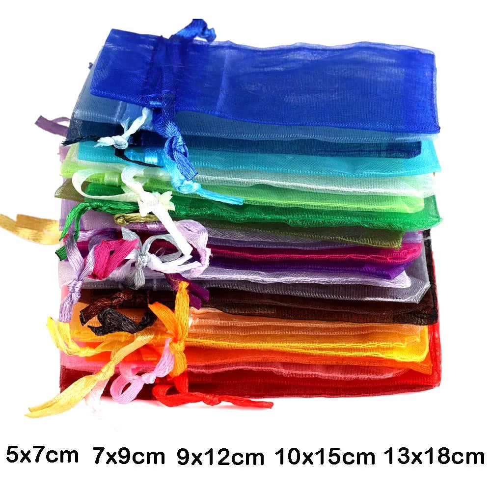 50/100pcs/lot Organza Gift Bag For Jewelry 24 Colors Drawstring Pouches For Wedding Candy Gift Bags Jewelry Packing