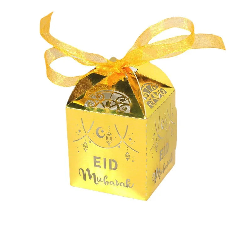 10Pcs Eid Mubarak Candy Box Ramadan Kareem Chocolate Favor Gift Box With Ribbon Islamic Muslim Happy Al-Fitr Eid Party Supplies