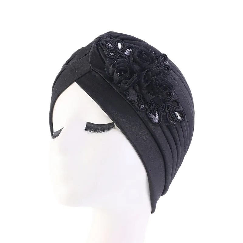 New Flower Decoration Turban Solid Color For Women Fashion Hair Wear Head Wrap Ladies Headwear Cancer Hats India Cap Bandana