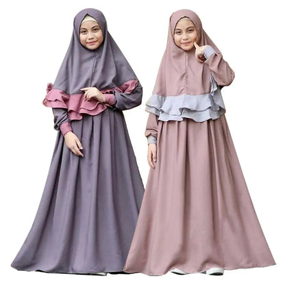 2PCS Kids Girls Abaya Ramadan Muslim Prayer Garment Hijab Maxi Dress Set Robes Islamic Children Dresses Kafan Robe Arab Clothes