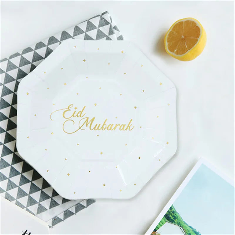 Eid Mubarak Disposable Tableware Paper Plate Paper Cup Paper Towel Muslim Festival Ramadan Table Atmosphere Decoration Supplies