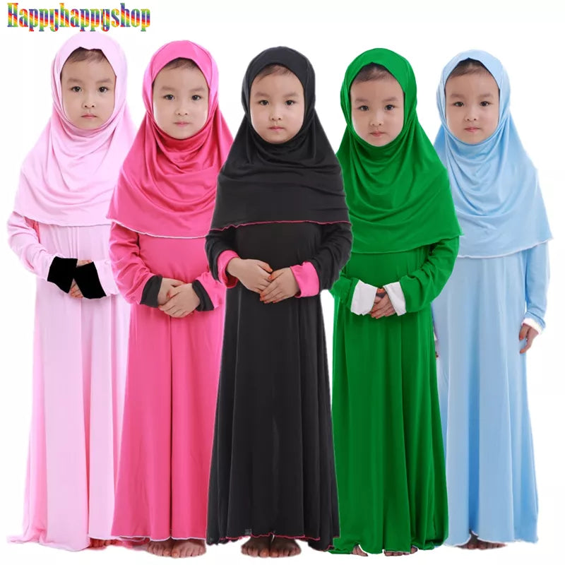 Muslim Children Girls Prayer Dress 2 Pieces Hijab Abaya Ramadan Sets Arab Kids  Headscarf Long Robe Islamic Party Gown