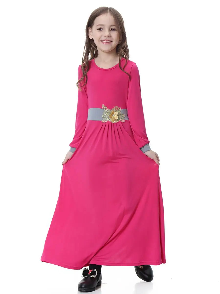 Girls Muslim Abaya Kids Long Sleeve Maxi Dress Turkey Arab Kaftan Islamic Party Holiday Gown Prayer Kaftan Robe Child Clorhing