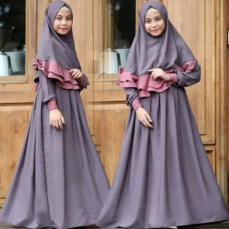 2PCS Kids Girls Abaya Ramadan Muslim Prayer Garment Hijab Maxi Dress Set Robes Islamic Children Dresses Kafan Robe Arab Clothes