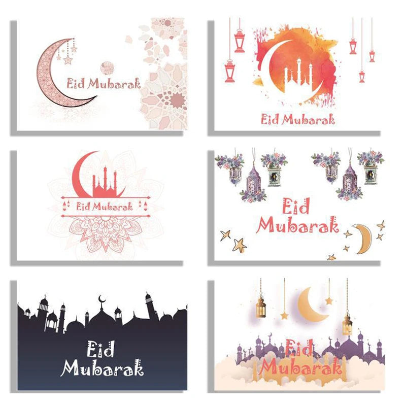 6pcs Eid Mubarak Invitation Cards with Envelope Ramadan Gift Decorations Greeting Card Islamic Muslim Eid Decor