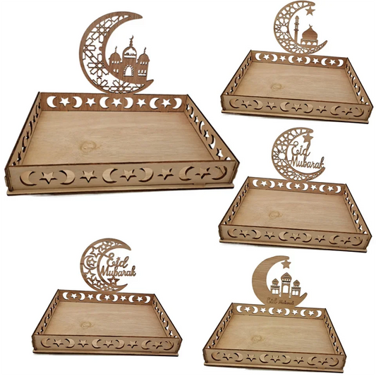 1pc Wooden Eid Mubarak Moon Star Tray for Ramadan Kareem