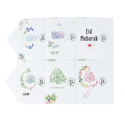 6pcs/set Eid Mubarak Greeting Cards With Envelopes Message Moon Castle Thank Invitation Card Sealing Sticker Ramadan Party Decor