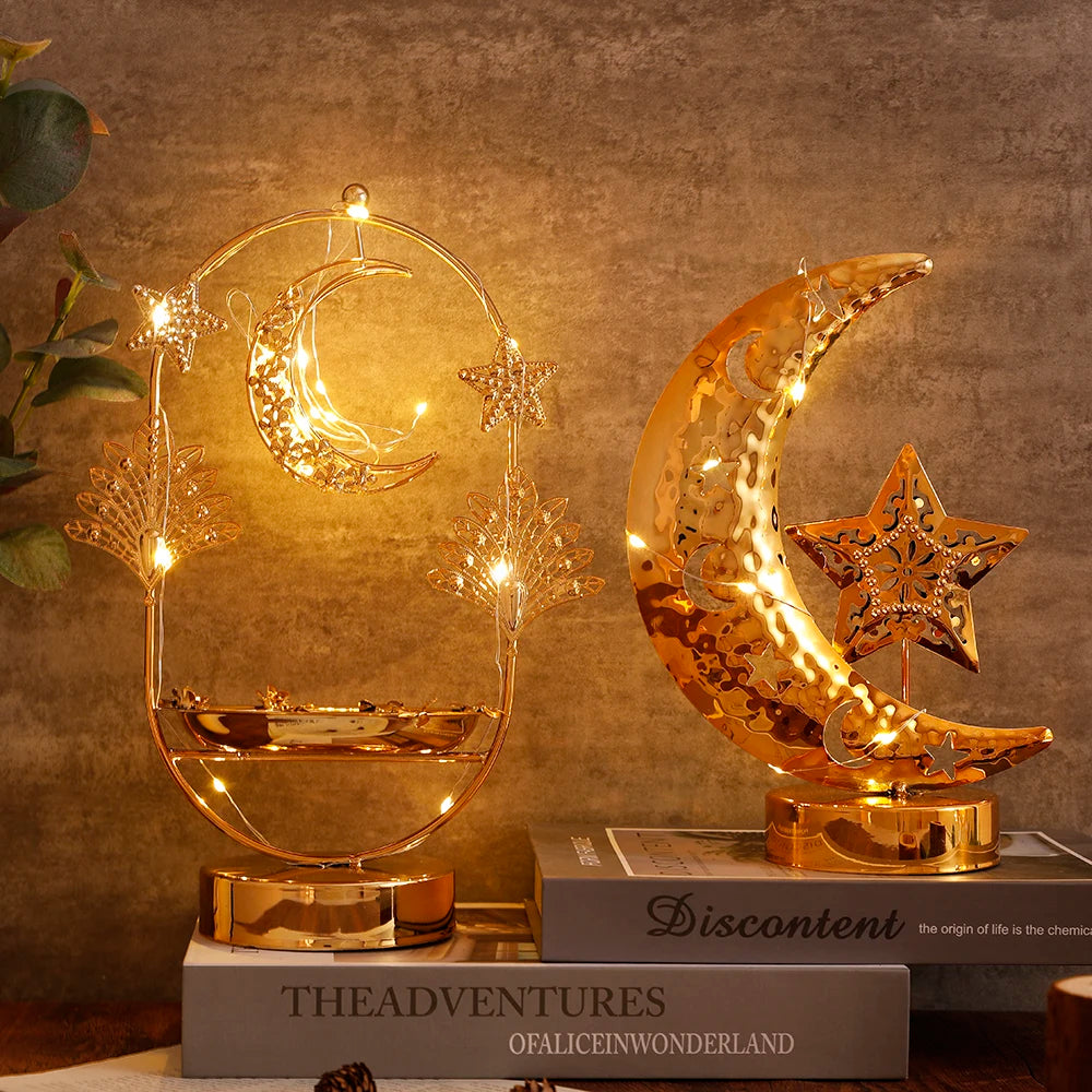 Metal EID Mubarak Light Candlestick Tray Islam Muslim Festival Star Moon Lamp Ornaments Ramadan Party Decorations for Home