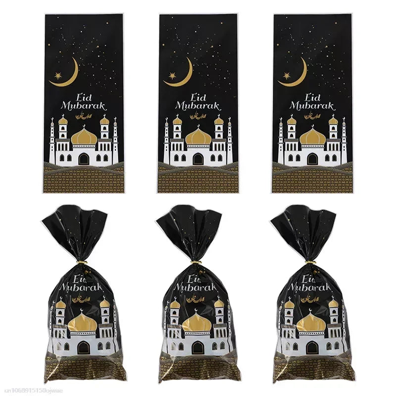 Eid Mubarak Castle Flat Binding Pocket Ramadan Kareem Decor 2024 Plastic Cookie Candy Muslim Party Supplies Eid Al-fitr Gift Bag