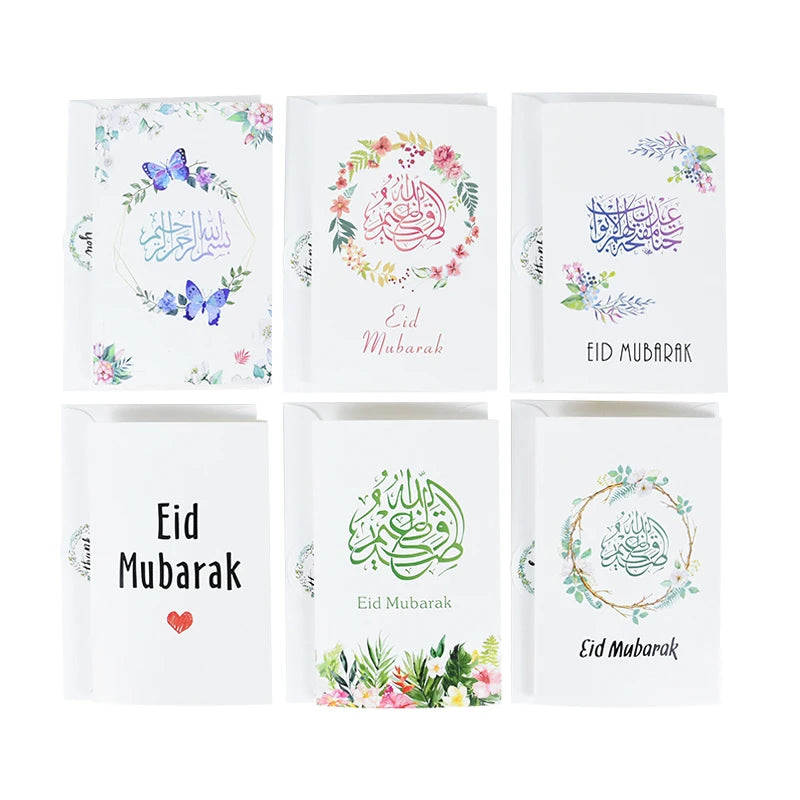 6pcs/set Eid Mubarak Greeting Cards With Envelopes Message Moon Castle Thank Invitation Card Sealing Sticker Ramadan Party Decor