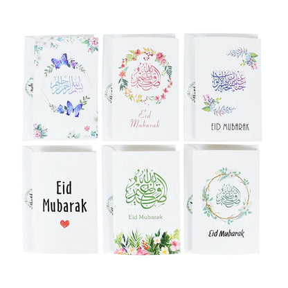 6pcs/set Eid Mubarak Greeting Cards With Envelopes Message Moon Castle Thank Invitation Card Sealing Sticker Ramadan Party Decor