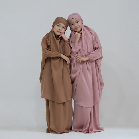 2pcs Muslim Kids Girls Hijab Dress Eid Hooded Tops Skirt Overhead Abaya Islam Prayer Garment Clothing Arabic Robe Khimar Abayas