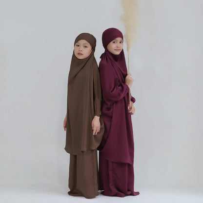 2pcs Muslim Kids Girls Hijab Dress Eid Hooded Tops Skirt Overhead Abaya Islam Prayer Garment Clothing Arabic Robe Khimar Abayas