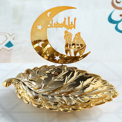 Gold Metal Ramadan Food Tray Eid Mubarak Dessert Fruit Plate Ramadan Decoration Islamic Muslim Festival Decor Gift Jewelry Plate