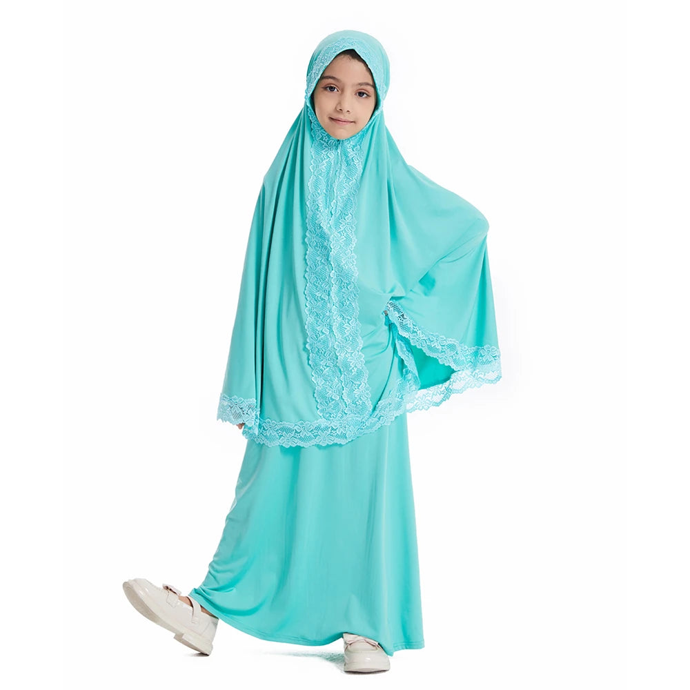 Muslim Kids Girls Prayer Dress Lace Khimar Skirt 2 Pieces Set Eid Ramadan Children Islamic Clothing Abaya Hijab Kaftan Robe Gown