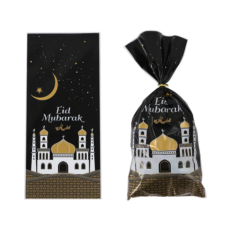 Eid Mubarak Castle Flat Binding Pocket Ramadan Kareem Decor 2024 Plastic Cookie Candy Muslim Party Supplies Eid Al-fitr Gift Bag