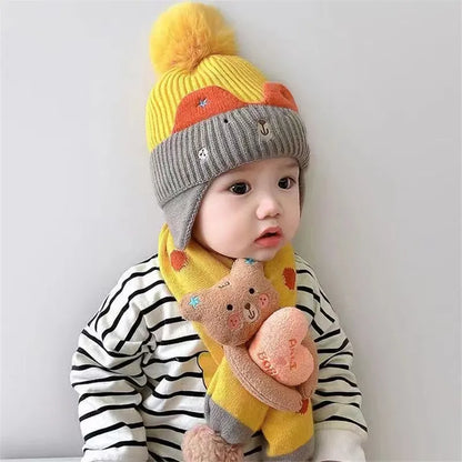 2PCS Set Baby Hat Scarf Winter Warm Thick Knitted Cap