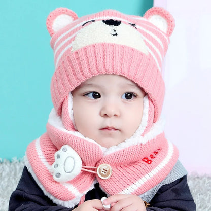 Baby Hat Autumn Winter Plus Fleece Knitted Children's Infant Bear Wool Ear Protection Cap