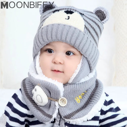 Baby Hat Autumn Winter Plus Fleece Knitted Children's Infant Bear Wool Ear Protection Cap