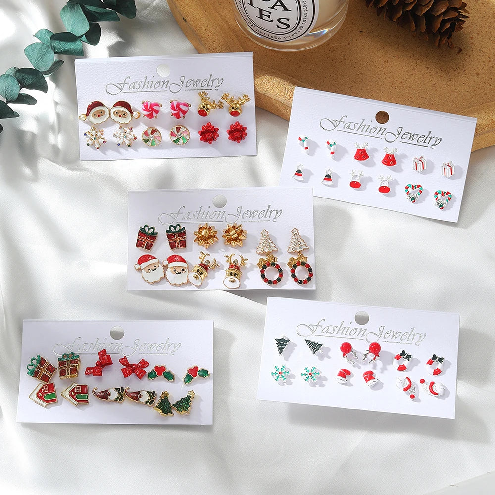 Christmas Elk Candy Santa Claus Drop Oil Stud Earrings