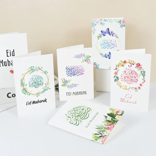 6pcs/set Eid Mubarak Greeting Cards With Envelopes Message Moon Castle Thank Invitation Card Sealing Sticker Ramadan Party Decor