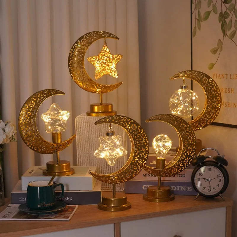 Gold Ramadan Moon Led Lamp Decoration for Home Metal Ramadan Kareem Light Decoration Eid Mubarak Muslim Eid Al Adha Gift