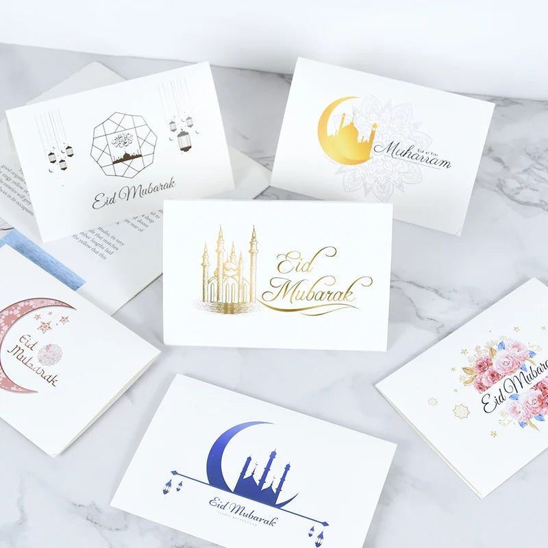 6pcs/set Eid Mubarak Greeting Cards With Envelopes Message Moon Castle Thank Invitation Card Sealing Sticker Ramadan Party Decor