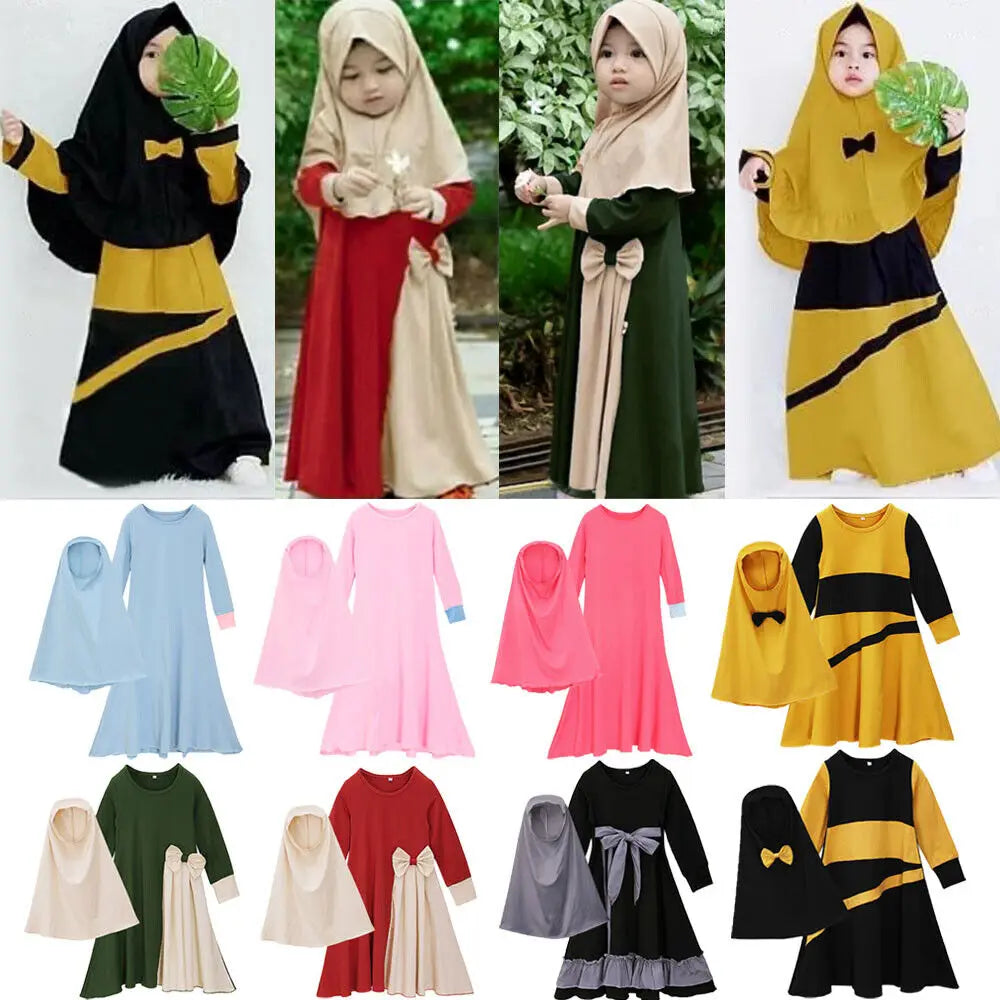 2PCS Kids Girls Abaya Ramadan Muslim Prayer Garment Hijab Maxi Dress Set Robes Islamic Children Dresses Kafan Robe Arab Clothes