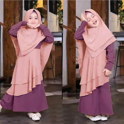 Muslim Kids Girls Prayer Dress Hijab Set Abaya Arab Long Robe with Headscarf Islamic Khimar Gowns Kaftan Gown Clothing 2 Pieces