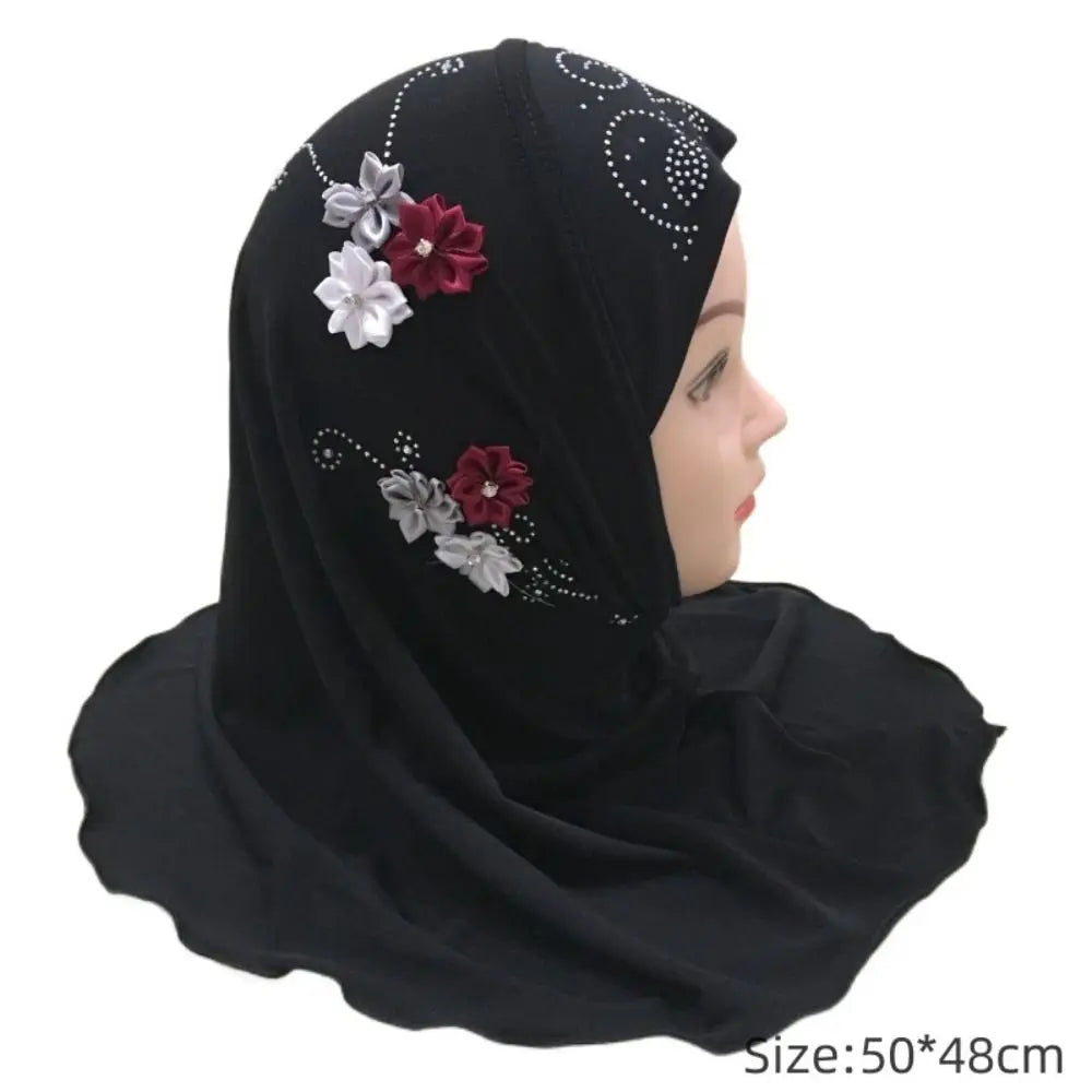 Beautiful Small Girl Hijab With Flowers Fit 2-6 Years Old Kids Pull On Islamic Scarf Head Wrap Headscarf Headbands Girl Headband