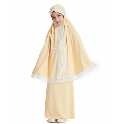 Muslim Kids Girls Prayer Dress Lace Khimar Skirt 2 Pieces Set Eid Ramadan Children Islamic Clothing Abaya Hijab Kaftan Robe Gown