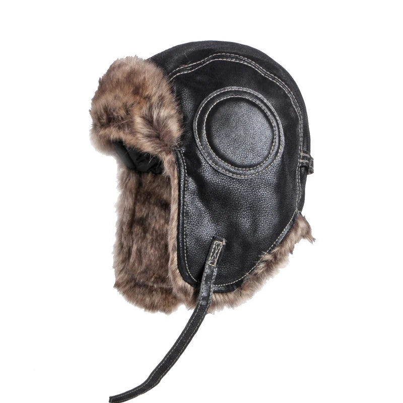 Warm Winter Hats Men's Women's Pilot Bomber Trapper Hat Leather Snow Cap Ear Protection Russian Hat