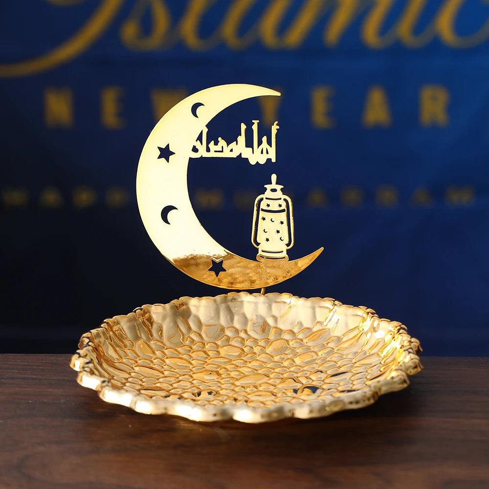 Gold Metal Ramadan Food Tray Eid Mubarak Dessert Fruit Plate Ramadan Decoration Islamic Muslim Festival Decor Gift Jewelry Plate