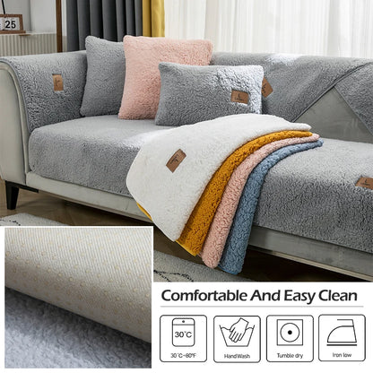 Modern Solid Color Winter Lamb Wool Sofa Towel Thicken Plush Soft And Smooth Sofa Covers For Living Room Anti-slip Couch Cover