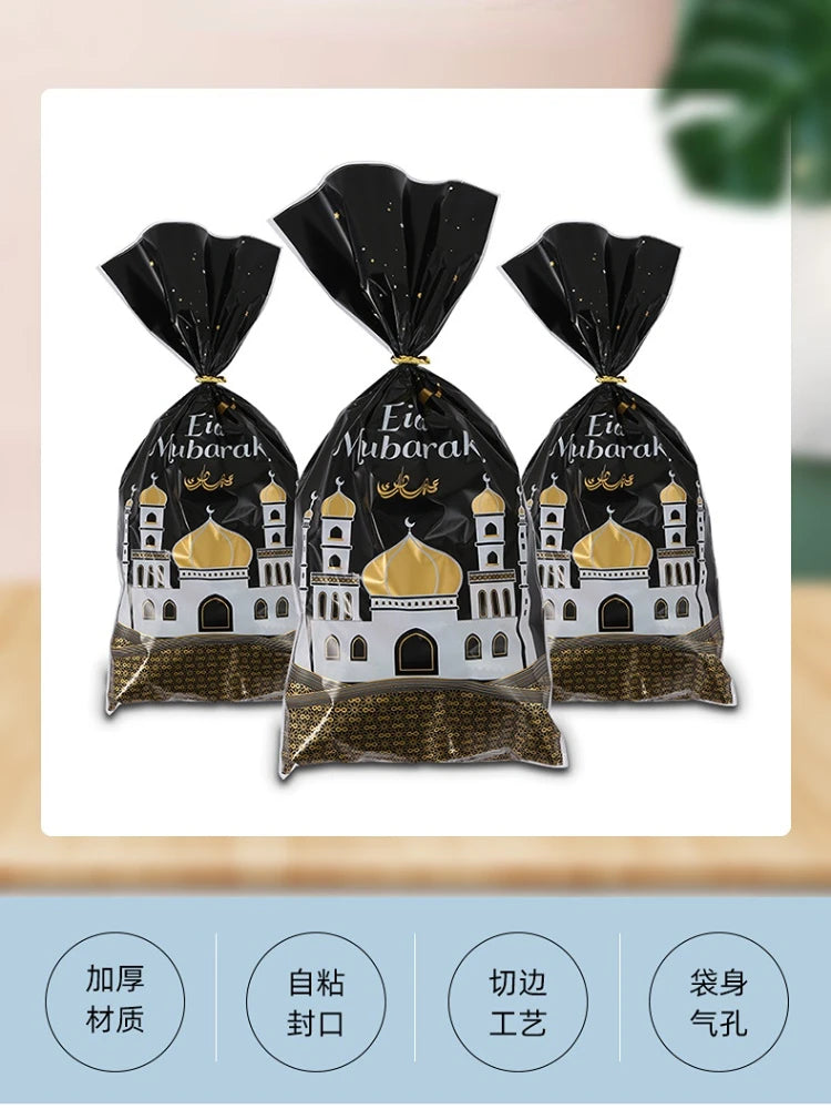 Eid Mubarak Castle Flat Binding Pocket Ramadan Kareem Decor 2024 Plastic Cookie Candy Muslim Party Supplies Eid Al-fitr Gift Bag