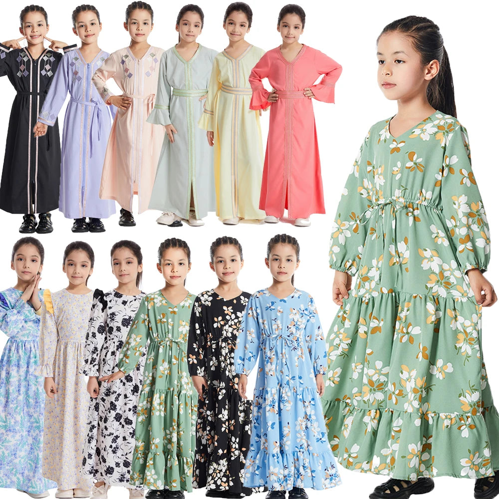 Moroccan Eid Party Muslim Kids Girls Abaya Floral Print Long Maxi Dress Turkey Kaftan Arab Robe Islamic Holiday Prayer Clothing