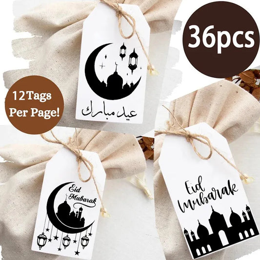 36pcs 3 Design Eid Mubarak Gift Tags Decoration Printable Modern Gift Hanging Tag Wrapping Supplies Labels Ramadan Kareem Decor