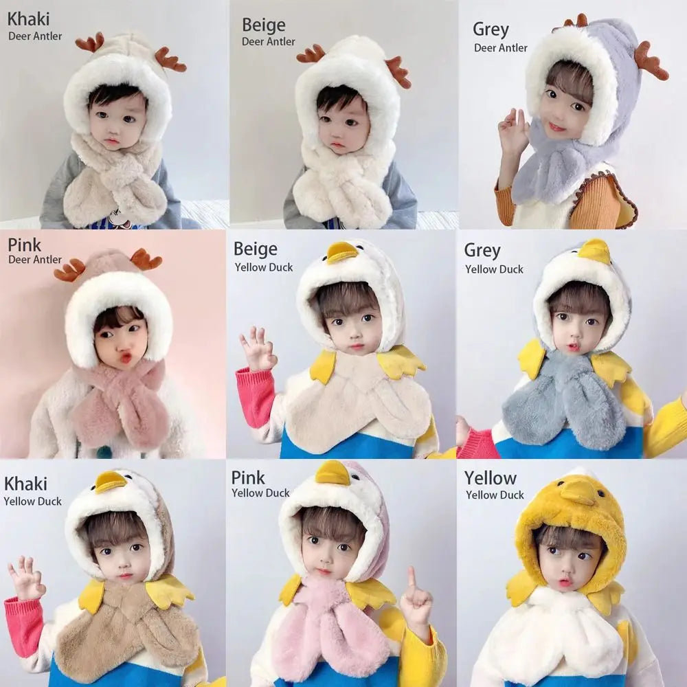 Cartoon Baby Hat With Scarf Earflap Hood Scarves Ear Neck Caps