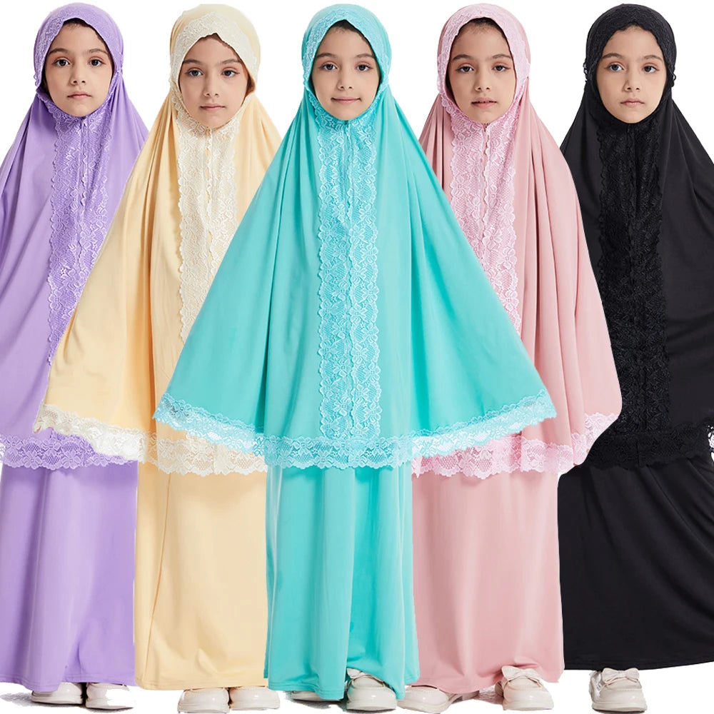 Muslim Kids Girls Prayer Dress Lace Khimar Skirt 2 Pieces Set Eid Ramadan Children Islamic Clothing Abaya Hijab Kaftan Robe Gown