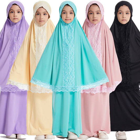 Muslim Kids Girls Prayer Dress Lace Khimar Skirt 2 Pieces Set Eid Ramadan Children Islamic Clothing Abaya Hijab Kaftan Robe Gown